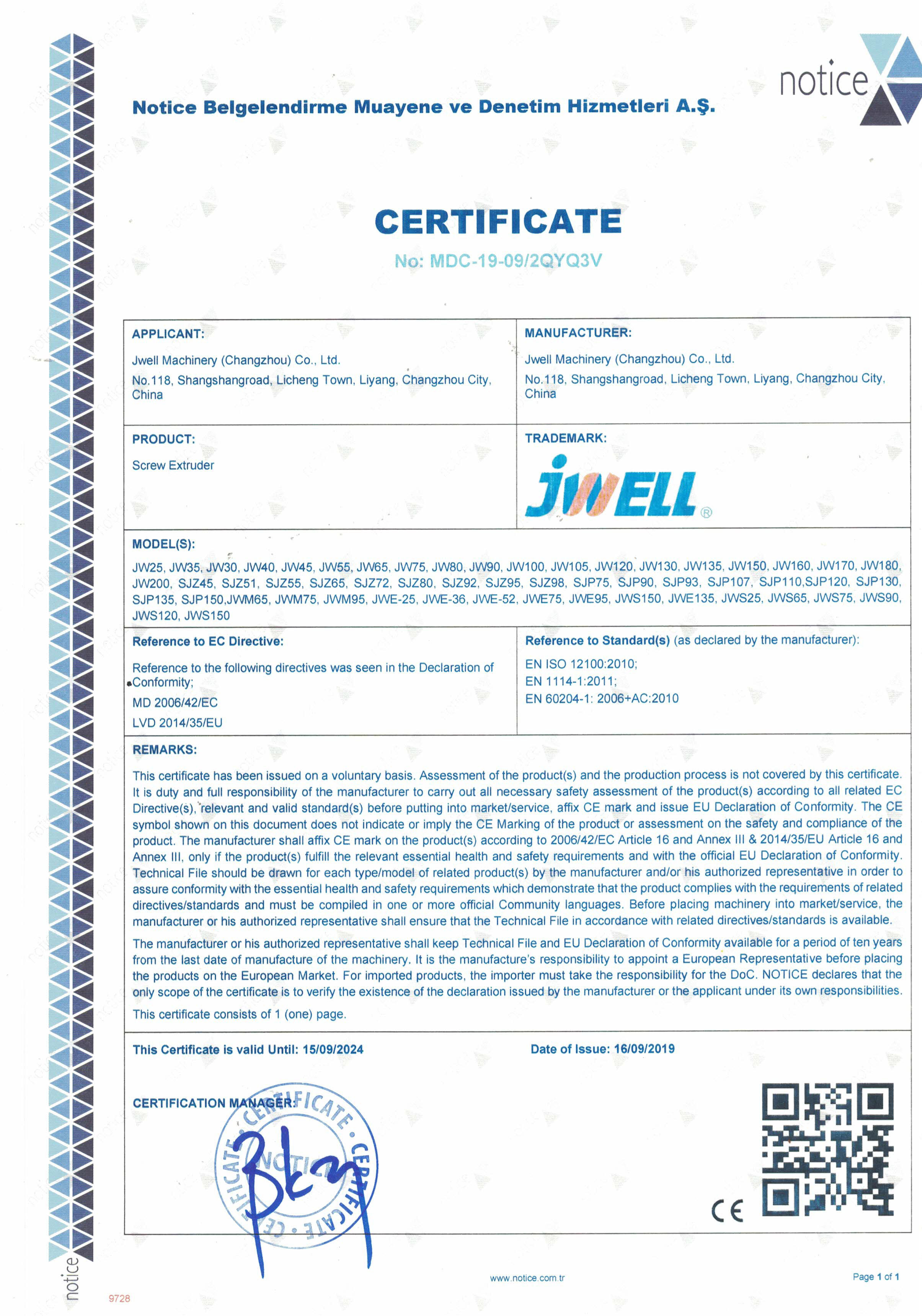 China Jwell Machinery (Changzhou) Co.,ltd. Certificaten